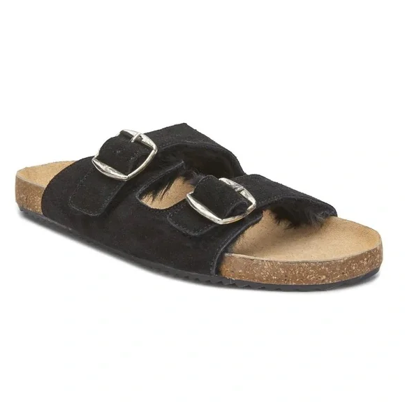 SUEDE LEATHER UPPED BUCKLE SANDAL WITH FAUX FUR LINING COMFORTABLE - Picture 2 of 6